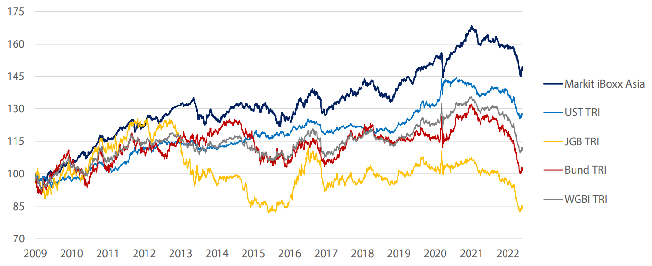 Daily returns of global bonds January 2009 to May 2022 (1 Jan 2009=100, returns in USD terms)